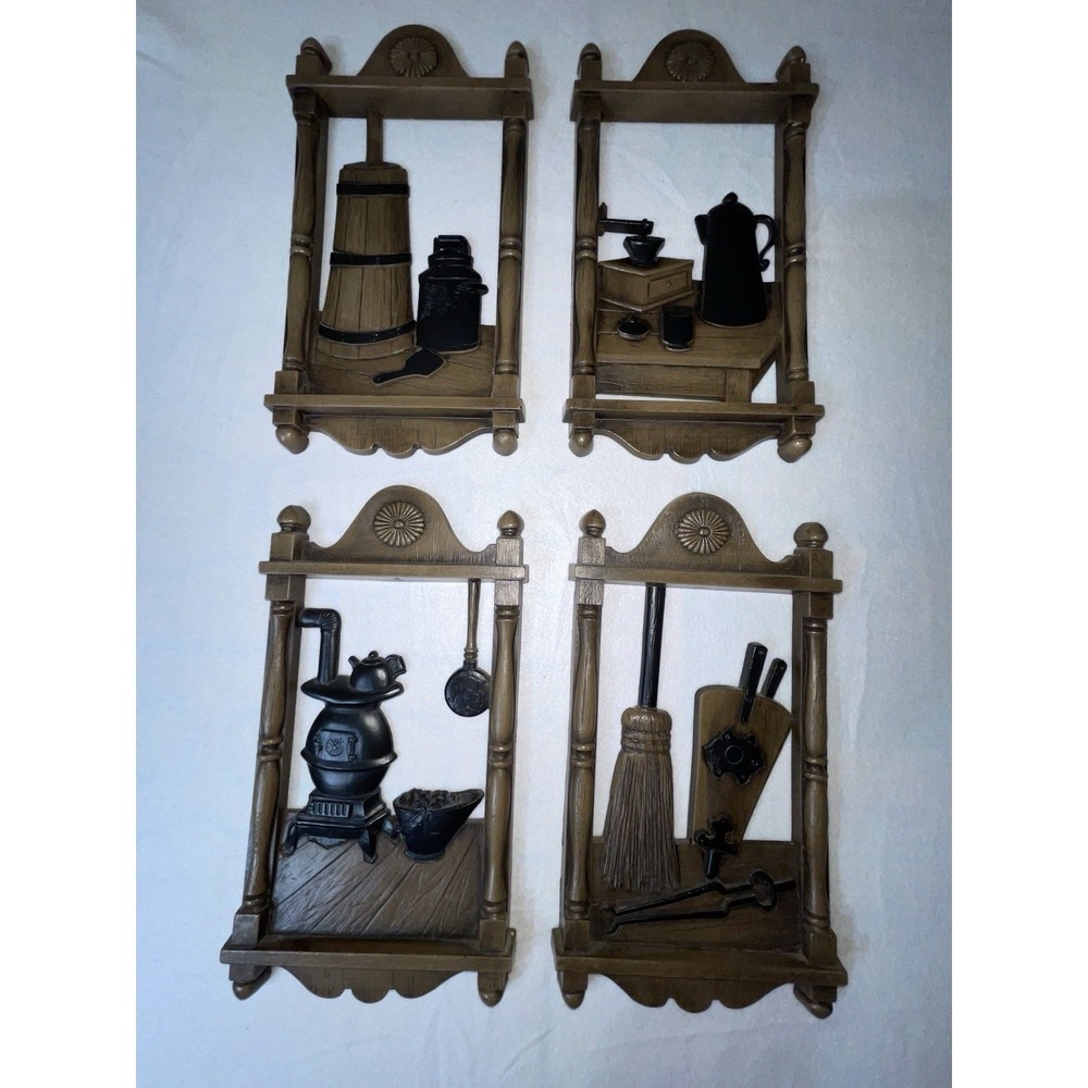 Vintage 1970s Homco Wall Decor Kitchen Faux Wood Stove Butter Coffee MCM plaques
